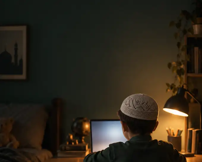A young student attending an evening online Qur&rsquo;an class at his desk