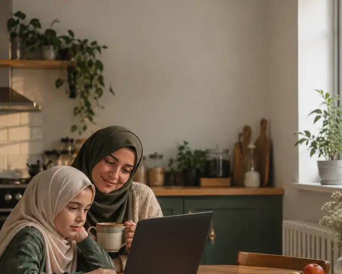 A mother and daughter attending an online Qur&rsquo;an class together at the kitchen table